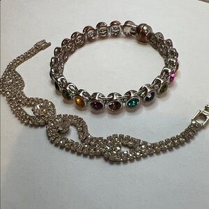 Elegant Classic Silver w/Rhinestones and Magnetic Multicolored Gems Bracelet Set